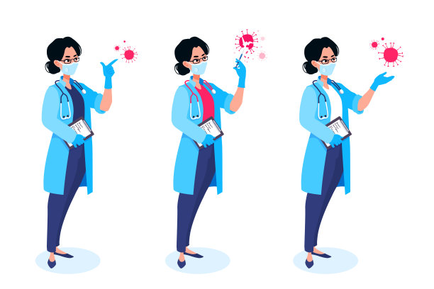 冠状病毒疫苗接种概念。一名医生展示，演示用注射器注射疫苗破坏covid-19分子。治疗疾病。一名女医生戴着口罩和手套，穿着制服。图片下载