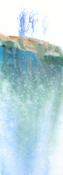 抽象水彩景观，背景打印。山上有树，山下有瀑布。图片下载