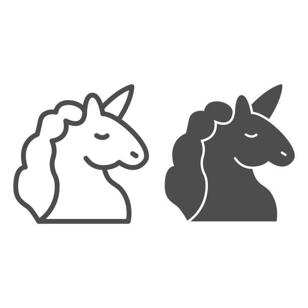 独角兽线和固体图标，童话概念，独角兽头部剪影标志在白色背景，神话马与角图标轮廓风格的移动概念和网页设计。矢量图形。图片下载