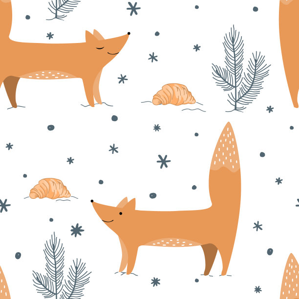 可爱的狐狸，冬天的森林，还有羊角面包。舒适的重复纹理，儿童织物和包装纸的孩子气印花。矢量无缝模式与野生森林动物，圣诞插图图片下载