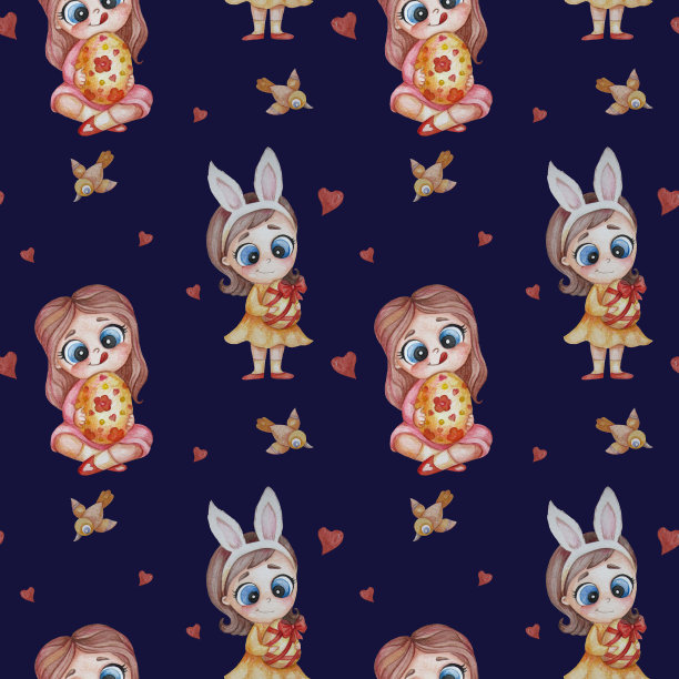 无缝模式-复活节模式。可爱的女孩们头上戴着兔子耳朵，手里拿着复活节彩蛋，蓝色的背景上有心形和小鸟。水彩。手绘图片下载