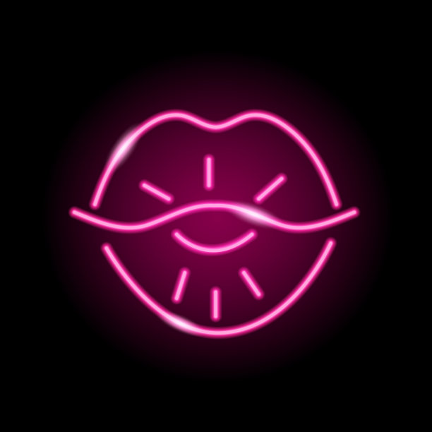 霓虹图标的女性粉红色的嘴唇或吻孤立在黑色的背景。爱情，时尚，化妆，化妆品，性感概念。夜间霓虹灯招牌风格。矢量插图。图片下载