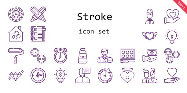 中风的图标集。行图标风格。笔画相关的图标，如爱，油漆滚轮，按钮，想法，清单，时钟，油画，家务，心脏，用户，钻石，水彩，添加用户，标记，现金，用户，图片下载