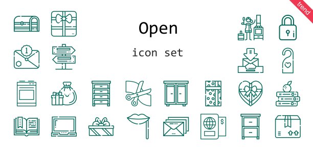 打开图标集。行图标风格。打开相关的图标，如礼物，箱子，包裹，烤箱，抽屉，笔记本电脑，门把手，剪刀，嘴唇，书，标志，打开的书，护照，炉子，锁，电子邮件，礼物，图片下载