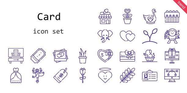 卡图标集。行图标风格。卡片相关的图标，如礼品、婚纱、猴子、商店、门票、天鹅、树枝、心形、图片、丘比特、身份证、蛋糕、价格标签、植物、心形、酒店、矢量、玫瑰、大象图片下载