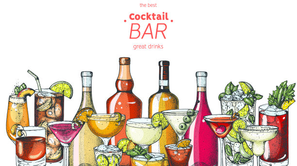 酒精鸡尾酒手绘矢量插图。手绘饮料插图。鸡尾酒。菜单的设计元素。图片下载
