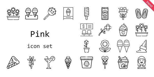 粉红色的图标集。行图标风格。与粉色相关的图标，如新娘、鲜花、登记、花束、棒棒糖、郁金香、冰棒、鲜花、棒棒糖蛋糕、银行、冰淇淋、鸡尾酒、蛋糕、人字拖、图片下载