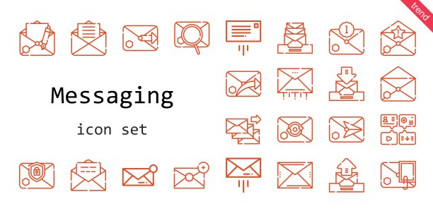 消息图标集。行图标风格。与消息传递相关的图标，如消息、电子邮件、图片下载