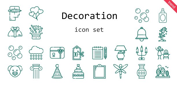 装饰图标集。线图标样式。装饰相关图标，如礼物，便条，雨，礼品卡，气球，树，柱，灯，花瓶，铃铛，香水，创意，猪，蜻蜓，婚礼蛋糕，烛台，派对帽图片下载