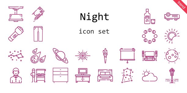 晚上图标集。行图标风格。夜相关的图标，如床，土星，电视表，月相，路灯，裤子，手电筒，灯，大爆炸，月食，云，月亮，伏特加，星座，投影仪，吸血鬼，字母图片下载