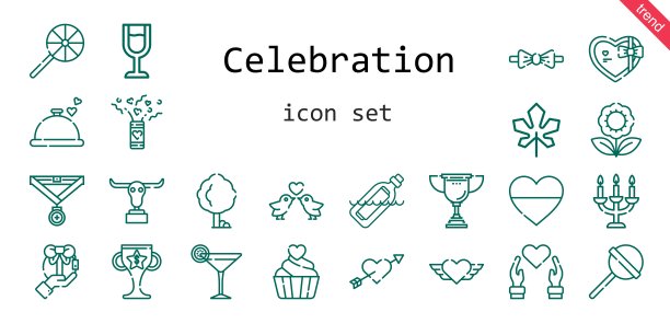 庆祝活动的图标集。行图标风格。庆典相关的图标，如礼物，酒杯，纸屑，水牛，树，棒棒糖，瓶子，晚餐，心，花，枫叶，丘比特，领结，大烛台，鸡尾酒，爱情鸟图片下载