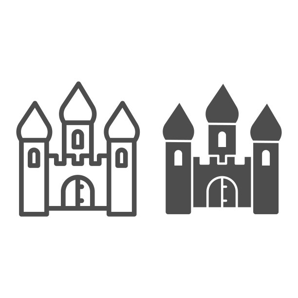 中世纪城堡线和固体图标，童话概念，白色背景上的塔古代建筑标志，皇家城堡图标轮廓风格的移动概念和网页设计。矢量图形。图片下载