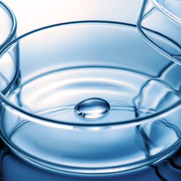 清洁玻璃培养皿内的液滴，置于蓝光背景下图片下载