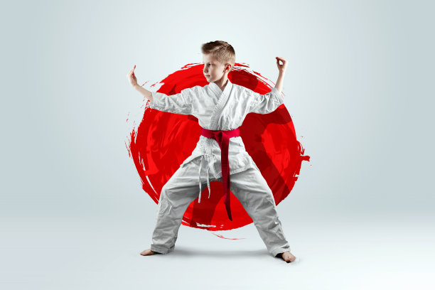 一个男孩的全身肖像在白色和服与红色的背景下的一个红圈的皮带。空手道概念，训练，目标，训练，成就。图片下载