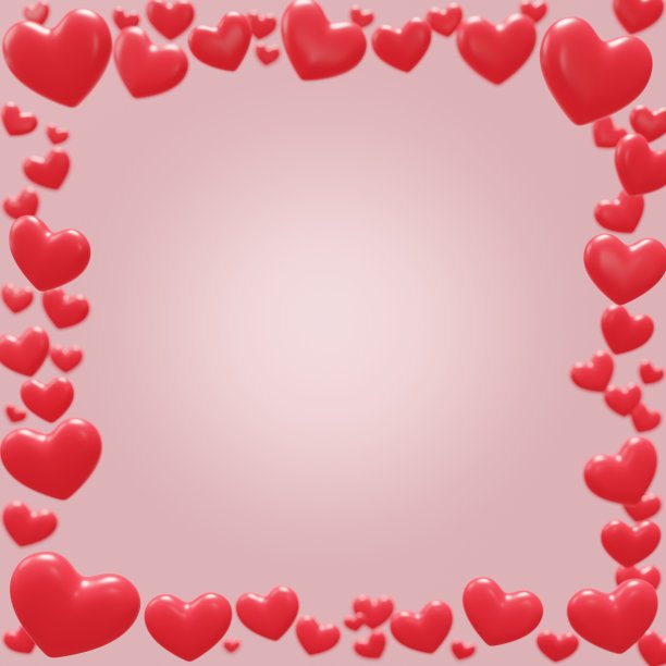 红色心形情人节流行风格在粉红色的背景。具有景深的抽象背景。贺卡模板。3 d演示。社交媒体帖子设计。图片下载