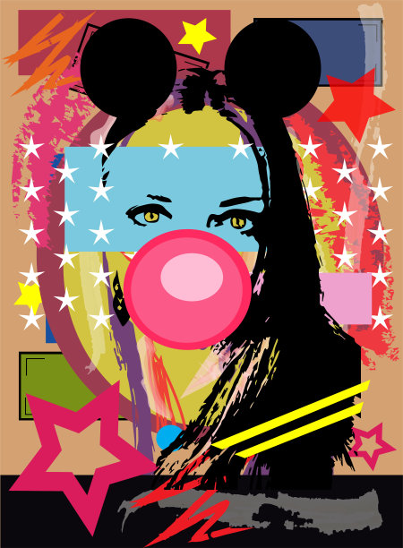 有老鼠耳朵和口香糖的性感女孩，流行艺术背景图片下载