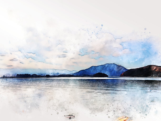 在水彩插画的背景上抽象了色彩丰富的山峰和树木景观。图片下载