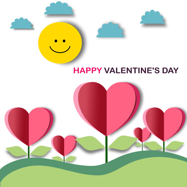 情人节剪纸卡片心农场山上用微笑的太阳与蓝色的云彩和措词情人节快乐庆祝情人节快乐的剪纸风格向量图片下载