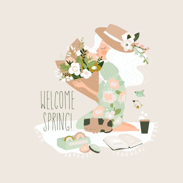 卡通美丽的女孩手持一束鲜花图片下载