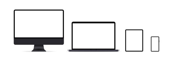 一组设备图标。现实设置笔记本电脑，电脑显示器，平板电脑和手机在深灰色与空显示。向量EPS 10。在白色背景上隔离图片下载
