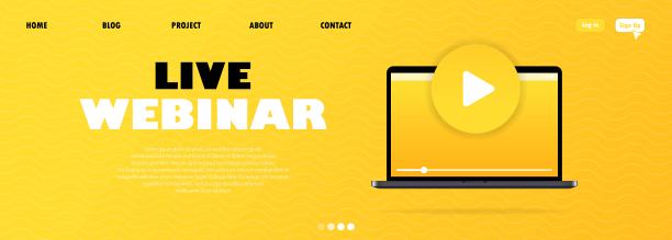 网络研讨会。远程教育。电子横幅。在线教育，家庭教育。带播放按钮的笔记本电脑。免费的网络研讨会图标。网络课程。通过互联网自学。图片下载