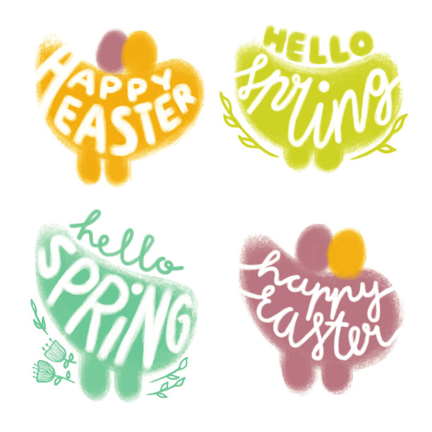 复活节快乐，HELLO SPRING卡片与文字在鸟孤立的白色背景。春季手写贺卡、节日海报、印刷品、标签。鸡蛋、鲜花、树叶。向量集。图片下载