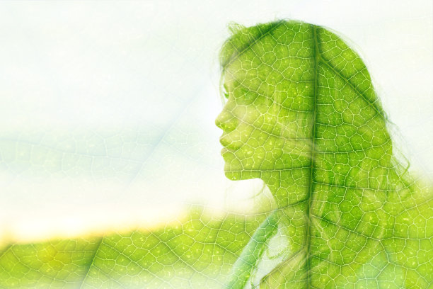 天然绿叶细胞与年轻迷人女子的美丽相结合。健康和饮食补充概念。图片下载