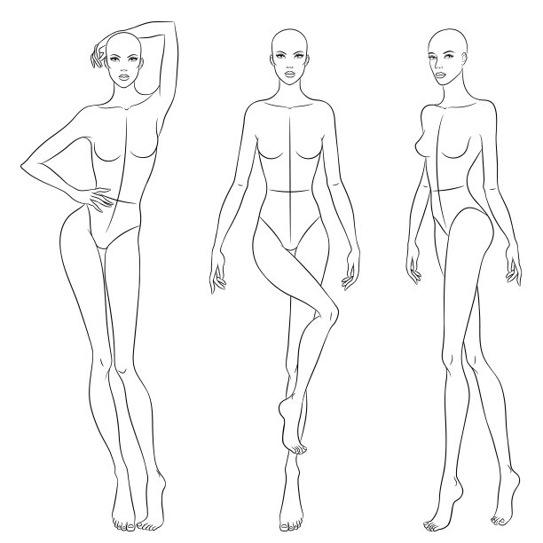 美丽苗条的女人在不同的姿态，矢量插图。九头时装图模板。女性身体，正面，侧面和背面视图。图片下载