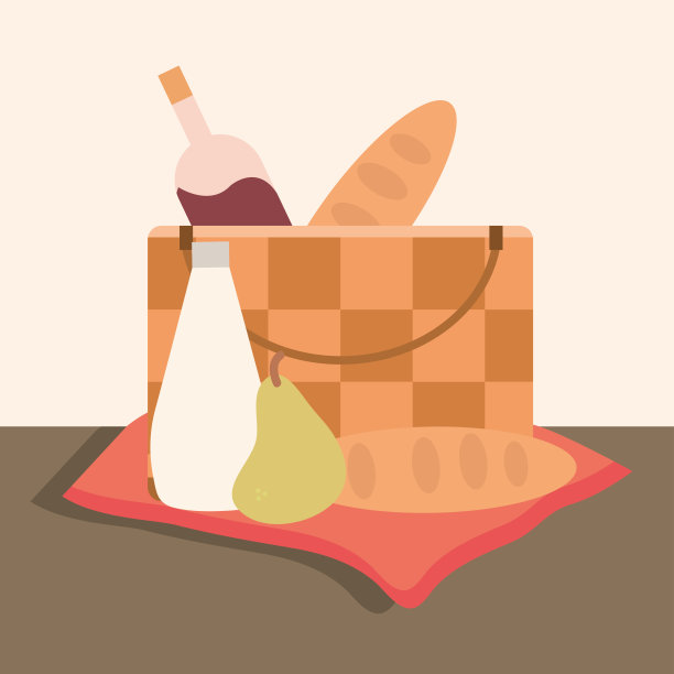 野餐篮子，酒瓶，面包，梨，毯子上的果汁图片下载