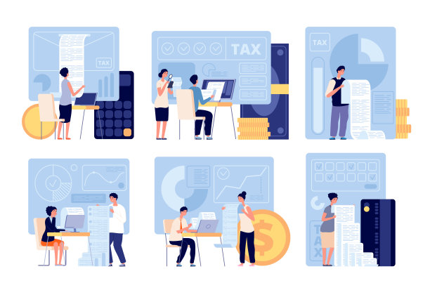 会计和税收。审核申请、税单或退款。财务咨询，商业帐户和付款文件的完整向量集图片下载