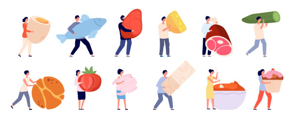 有食物的小人。扁平的食物，朋友烹饪菜园蔬菜。女性的饮食和产品的准备，健康的菜肴utter矢量概念图片下载