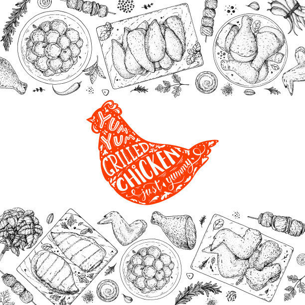 鸡肉。烤鸡和炸鸡。手绘草图。烤鸡肉顶视图框架。矢量插图。雕刻设计。餐厅菜单设计模板。图片下载