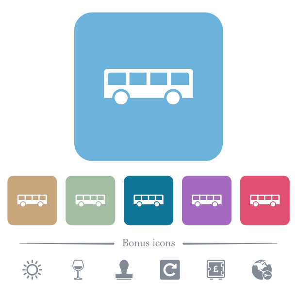 彩色圆角正方形背景上的公共汽车平面图标图片下载