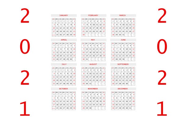 2021年日历计划。公司一周。模板布局，每年12个月，白色背景。简单设计的商业小册子，传单，印刷媒体，广告。一周从星期天开始。A4大小。图片下载