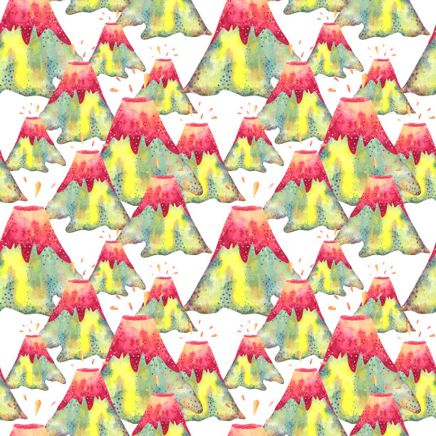 水彩火山无缝模式上的白色背景。手绘火山喷发，无穷无尽的打印。火山爆发与熔岩滴在卡通风格。图片下载