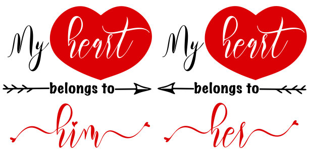 给相爱的情侣的手写情人节格言。矢量书法插图在红色和黑色的白色。我的心和箭都属于他。完美的t恤，打印，贴纸，相册图片下载