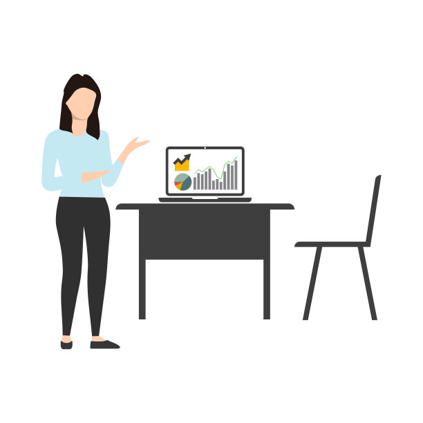 业务演示。女商人站在黑板旁边做报告。说明图表，给出报告。平面设计风格的矢量插图。女商人图片下载