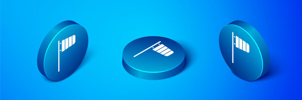 等距锥气象学风向标志风向标孤立在蓝色背景。风向标指示风向和风力。蓝色圆按钮。向量图片下载