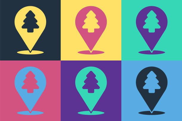 地图上森林的位置图标孤立在彩色背景上。向量图片下载