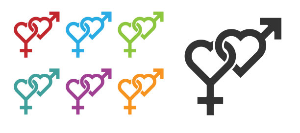 黑人性别图标孤立在白色背景上。男人和女人的象征。性的象征。设置图标丰富多彩。向量图片下载