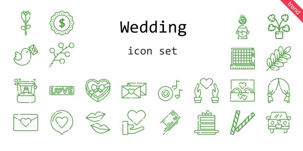 婚礼的图标集。行图标风格。婚礼相关的图标，如爱情，蛋糕片，鸽子，结婚戒指，戒指，标签，吻，树枝，装饰，心，婚礼车，储蓄，浪漫音乐，婚礼拱门，信图片下载