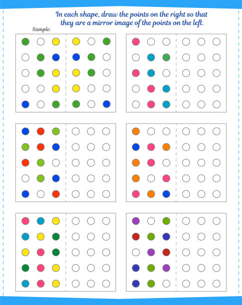 儿童逻辑游戏。教程:在每个图案中，给右边的圆点上色，以反映左边的圆点。图片下载
