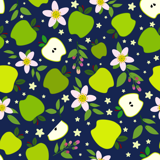 苹果绿和切片，苹果花，平面设计插图，在深蓝色的背景无缝图案。图片下载