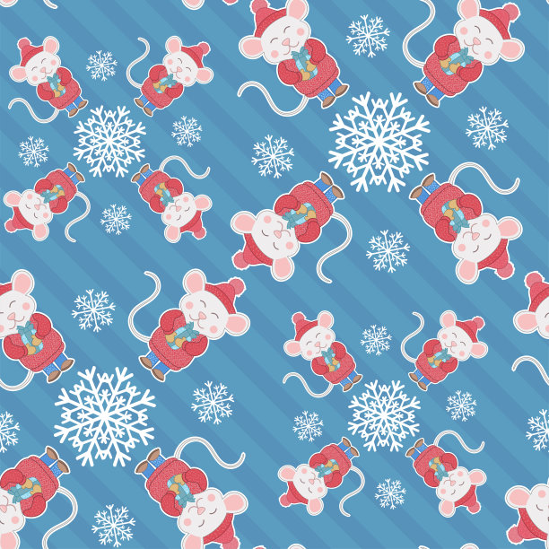 新年或圣诞节无缝图案与卡通鼠标和雪花。在蓝色条纹的背景上。包装纸。图片下载