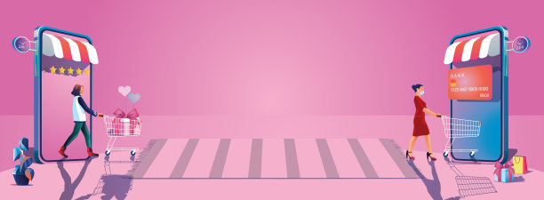 年轻情侣们推着购物车，通过智能手机享受网上购物，选择购买情人节概念礼物网站或手机应用图片下载