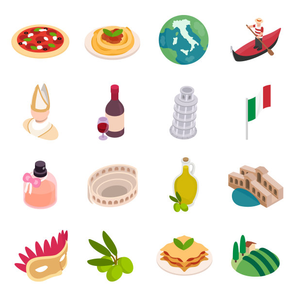 意大利，等距图标集。国家食品和地标。比萨，意大利面，比萨斜塔，香水，罗马斗兽场，旗子图片下载
