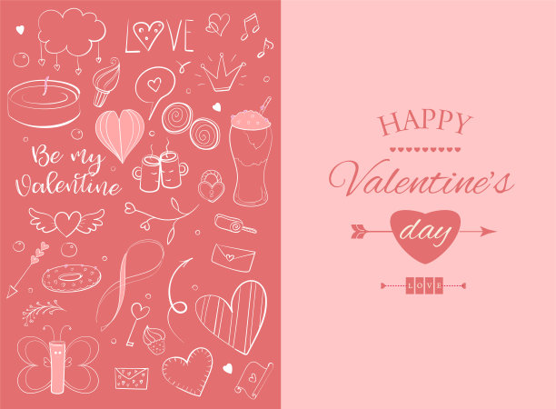 粉红色的情人节卡片和手绘涂鸦。图片下载