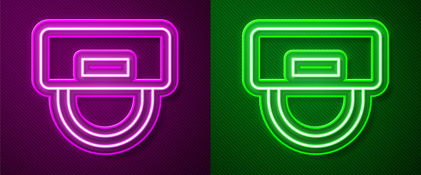 发光的霓虹灯线侍者帽子图标孤立在紫色和绿色的背景。酒店度假服务标志。向量图片下载