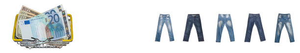 5条褪色的白色斑点和破洞的蓝色牛仔裤，美元和欧元纸币混在白色背景的购物篮里。孤立。横幅。副本的空间。购物，贸易，商店概念图片下载