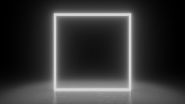 广场霓虹白光黑厅厅。抽象的几何背景。未来的概念。发光的混凝土地板房间反射。三维渲染图片下载